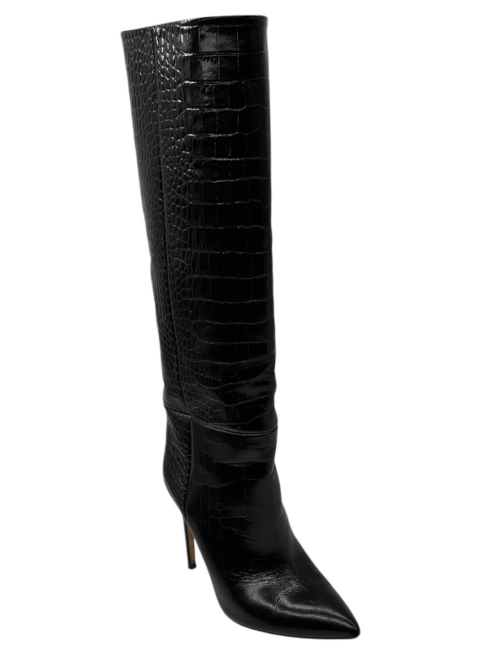 PARIS TEXAS BLACK EMBOSSED LEATHER HIGH HEELED TALL BOOTS